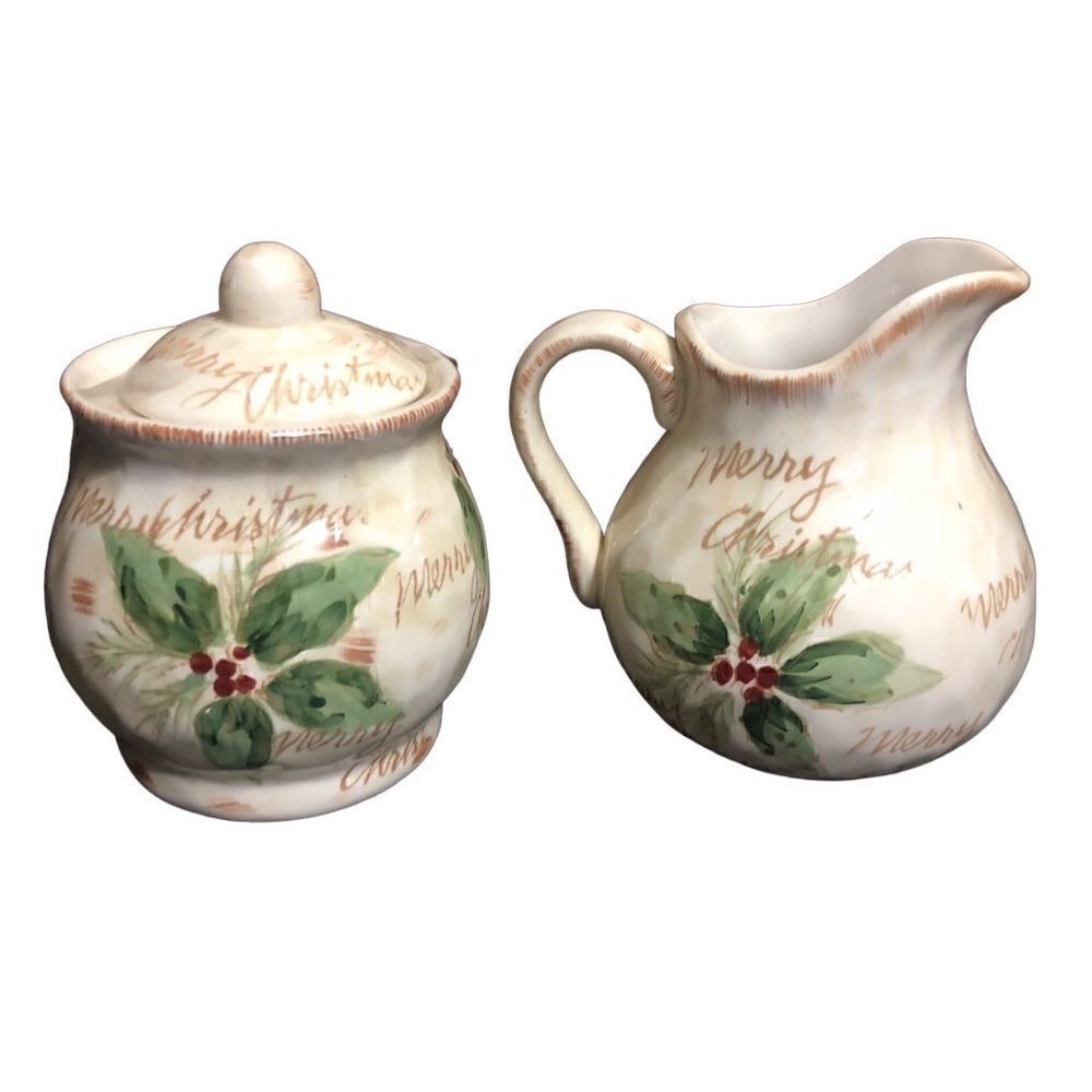 Merry “Country” Christmas Hand Painted Ceramic Creamer and Sugar Bowl.
